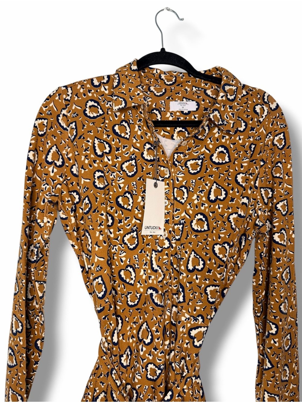 NWT Untuckit Tan Printed Romy Jersey Shirt Mini Dress with Tie Waist Size Medium - Picture 4 of 13